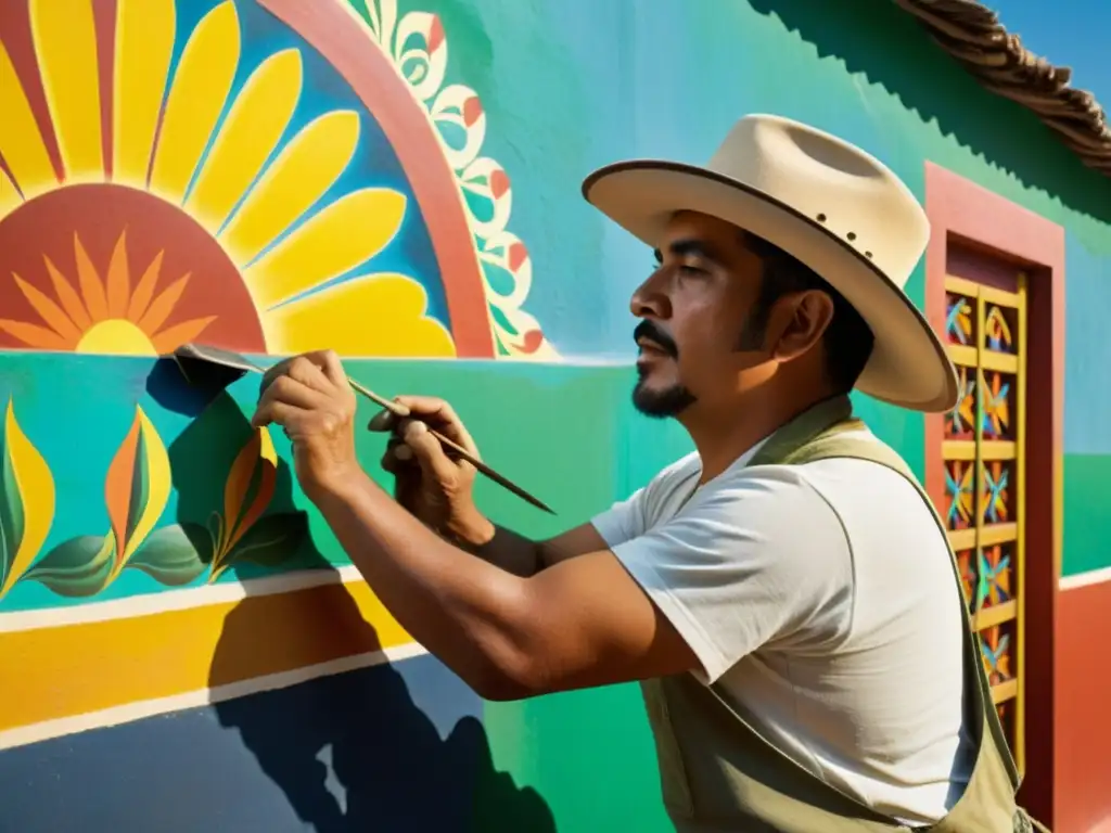 Un artista meticuloso restaura un mural mexicano, resaltando los patrones artísticos en murales mexicanos