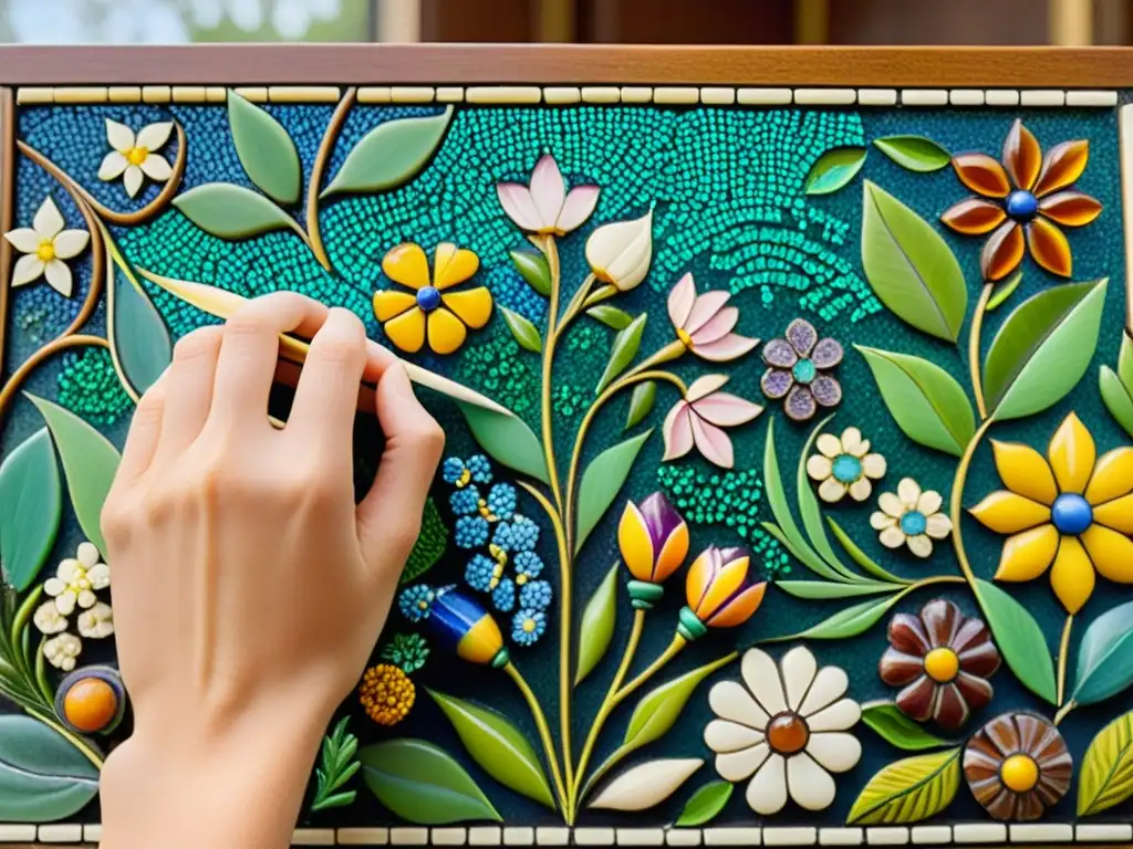 Un artista de mosaico vintage creando una composición de mosaico artístico con azulejos de vidrio coloridos, mostrando habilidad y belleza atemporal