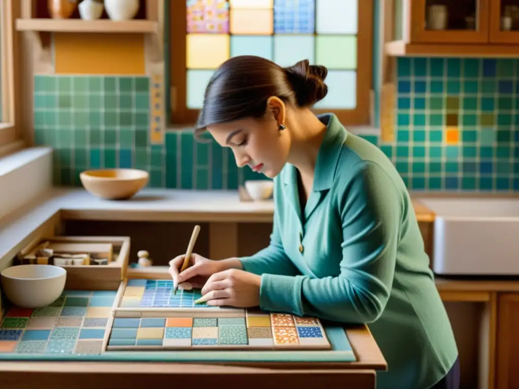 Un artista de mosaicos vintage crea con esmero un diseño con azulejos coloridos