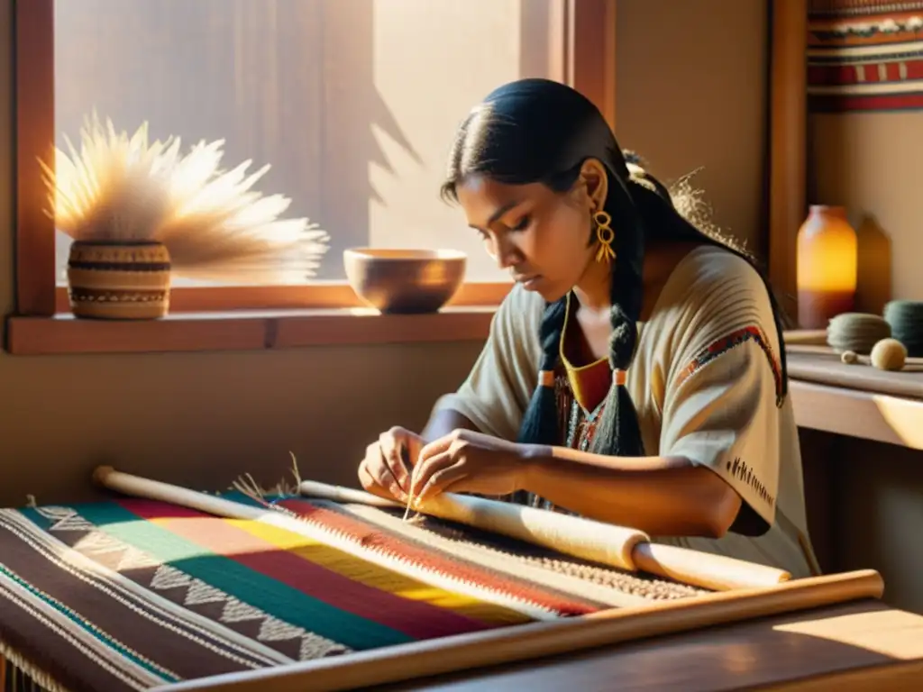 Un artista nativo americano tejiendo patrones artísticos con colores vibrantes en un telar vintage, rodeado de herramientas tradicionales y materiales naturales, bañado por la cálida luz del sol