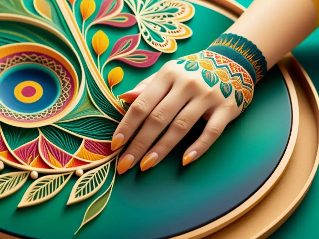 Un artista crea patrones artísticos en diseño de marcas con colores vibrantes y movimientos precisos, evocando una dedicación atemporal a su oficio