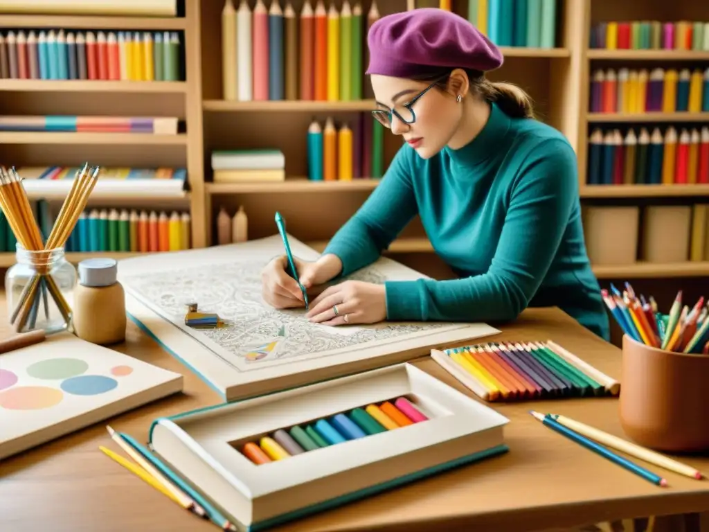 Un artista detalladamente dibujando patrones artísticos en diseño de marcas, inmerso en el proceso creativo rodeado de herramientas y libros de diseño