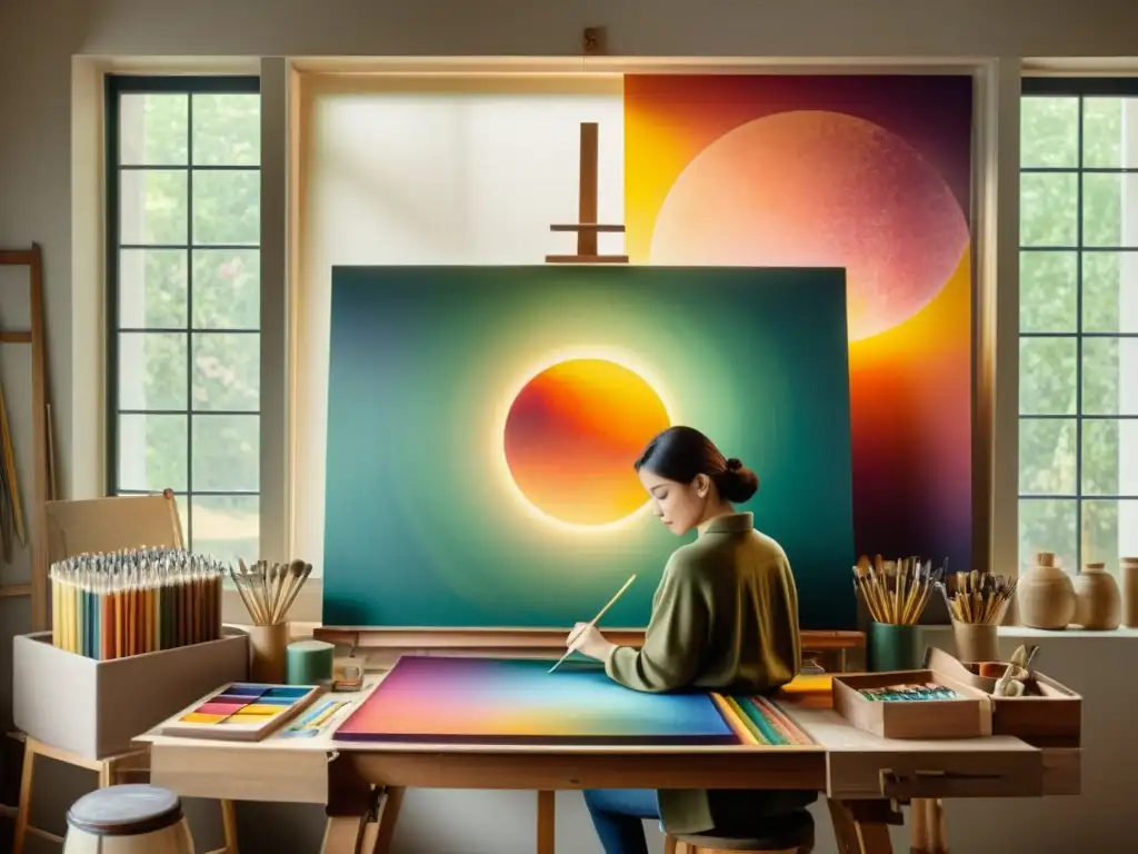 Un artista dibuja patrones artísticos en diseño de marcas en un lienzo, rodeado de herramientas artísticas y luz suave