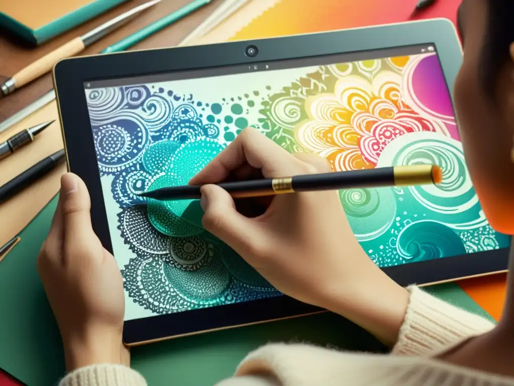 Un artista crea patrones coloridos en una tableta digital, fusionando técnicas tradicionales con innovación en patrones artísticos contemporáneos