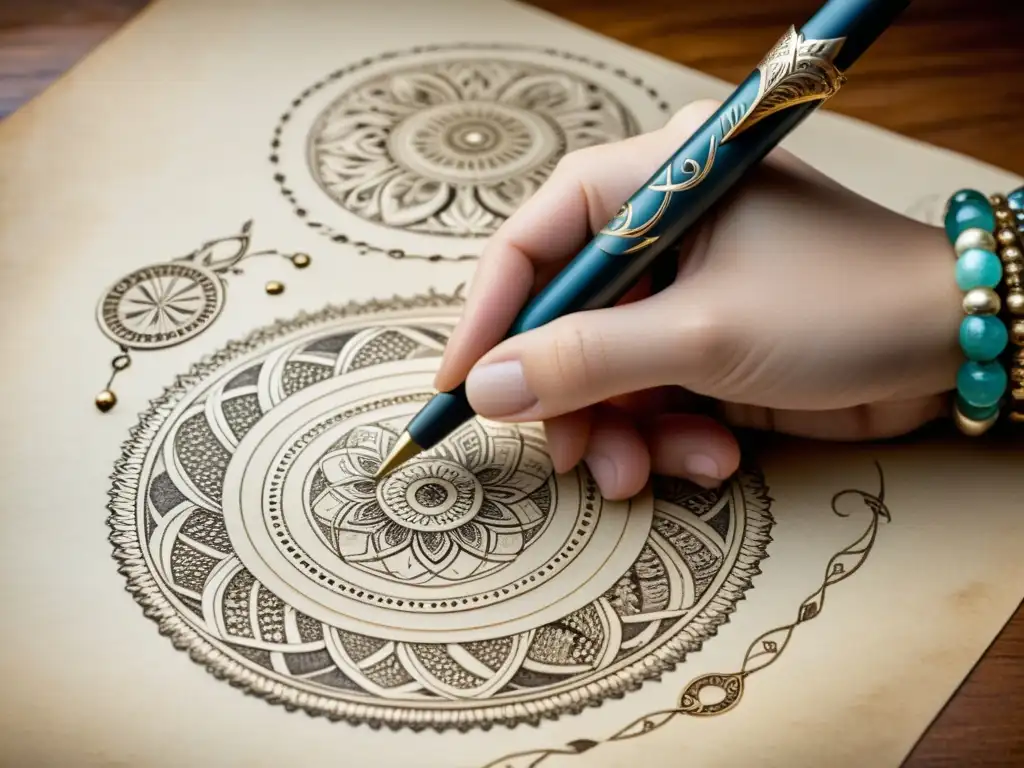 Un artista dibuja patrones intrincados en pergamino con una pluma antigua