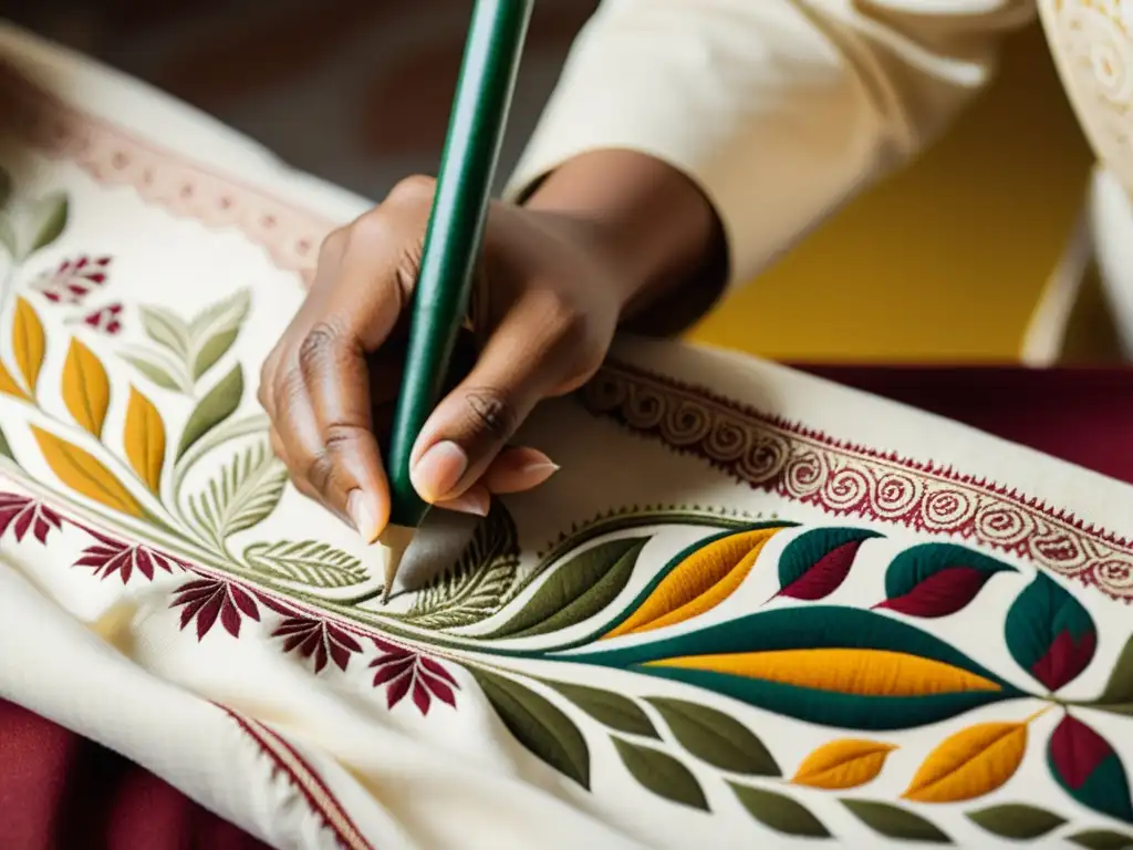 Un artista pintando patrones intrincados en tela con un pincel fino en el proceso sagrado de pintura Kalamkari, reflejando tradición y arte