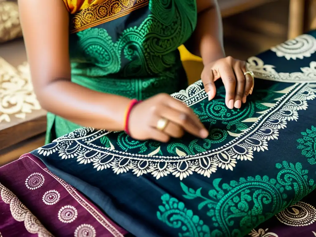 Artesanía de Batik: Creación detallada de un textil vintage Artista creando patrones de moda con batik vintage, evocando la evolución de la publicidad y la moda tradicional