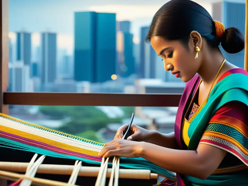 Artesano tejedor fusiona tradición y modernidad Artista entrelaza patrones nativos con técnicas modernas en tejido colorido, fusionando tradición e innovación en la ciudad