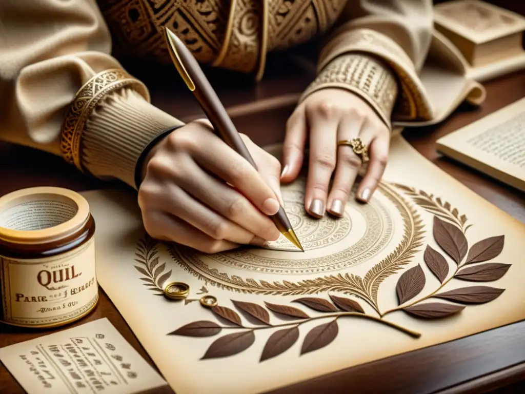 El artista crea patrones con pluma en pergamino, rodeado de libros antiguos y telas