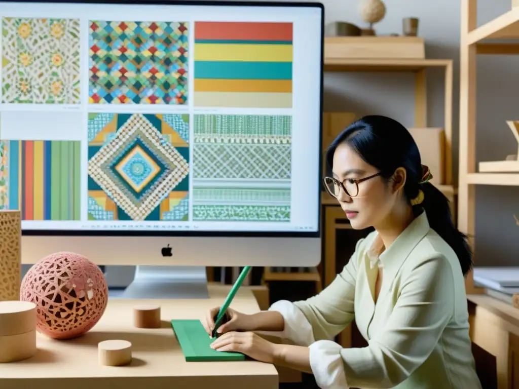 Artista Sayaka Ganz creando patrones sostenibles en su estudio con software innovador