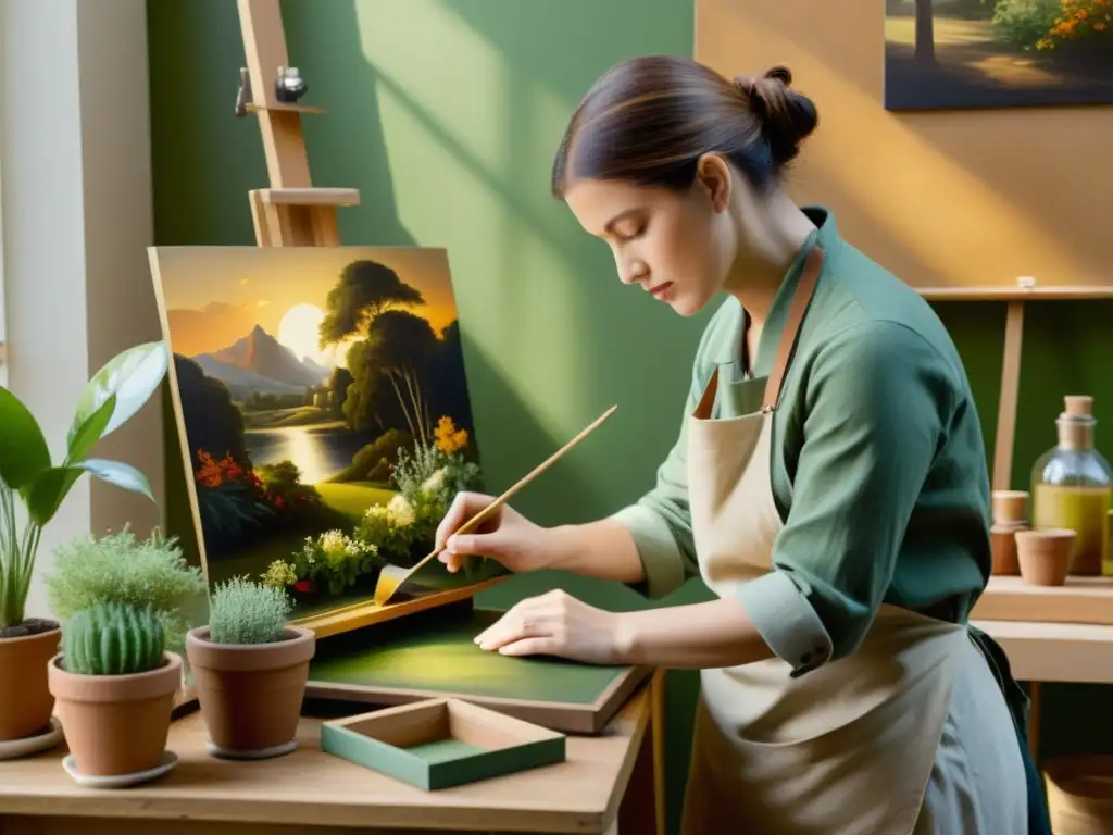 Artista restaurando pintura clásica en estudio soleado, con prácticas ecológicas preservación arte, rodeado de plantas y materiales sostenibles