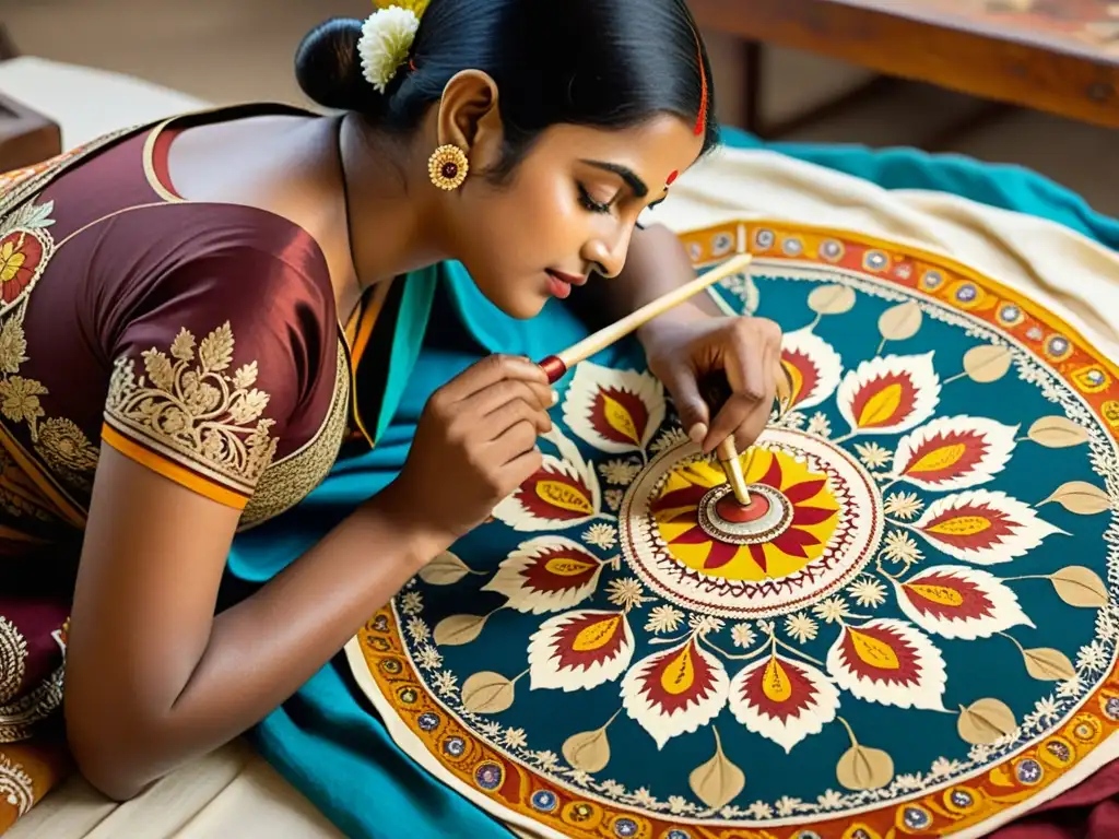 Artista crea pintura Kalamkari con meticulosidad y colores vibrantes, inmerso en el proceso sagrado de la pintura Kalamkari