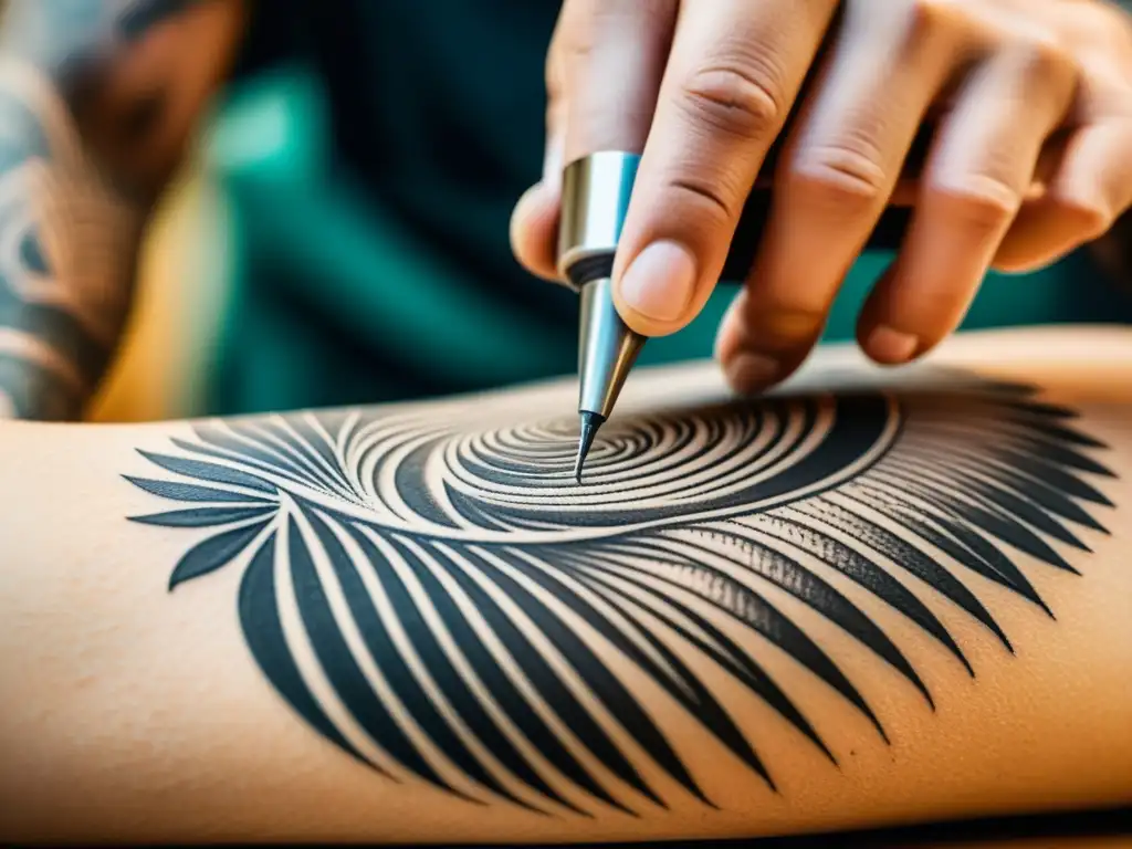 Un artista del tatuaje elabora un diseño cultural en la piel de su cliente