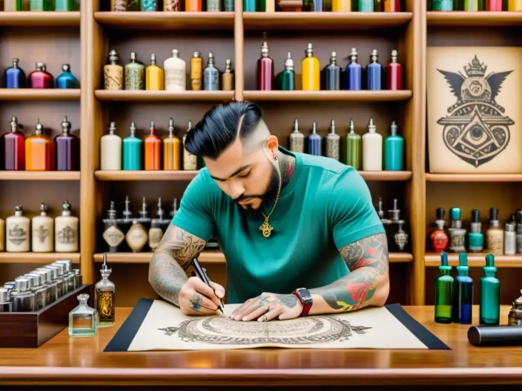 Un artista de tatuajes crea patrones artísticos en un ambiente tradicional y cálido, rodeado de máquinas antiguas y botellas de tinta colorida