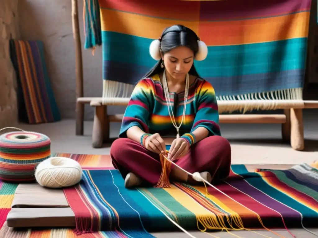 Un artista textil andino teje patrones tradicionales, rodeado de colores del arcoíris, junto a tecnología moderna