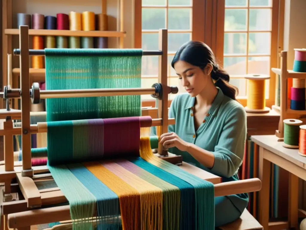 Una artista textil crea una hermosa tapicería en su estudio acogedor, rodeada de hilos y telas, con una atmósfera nostálgica y cálida