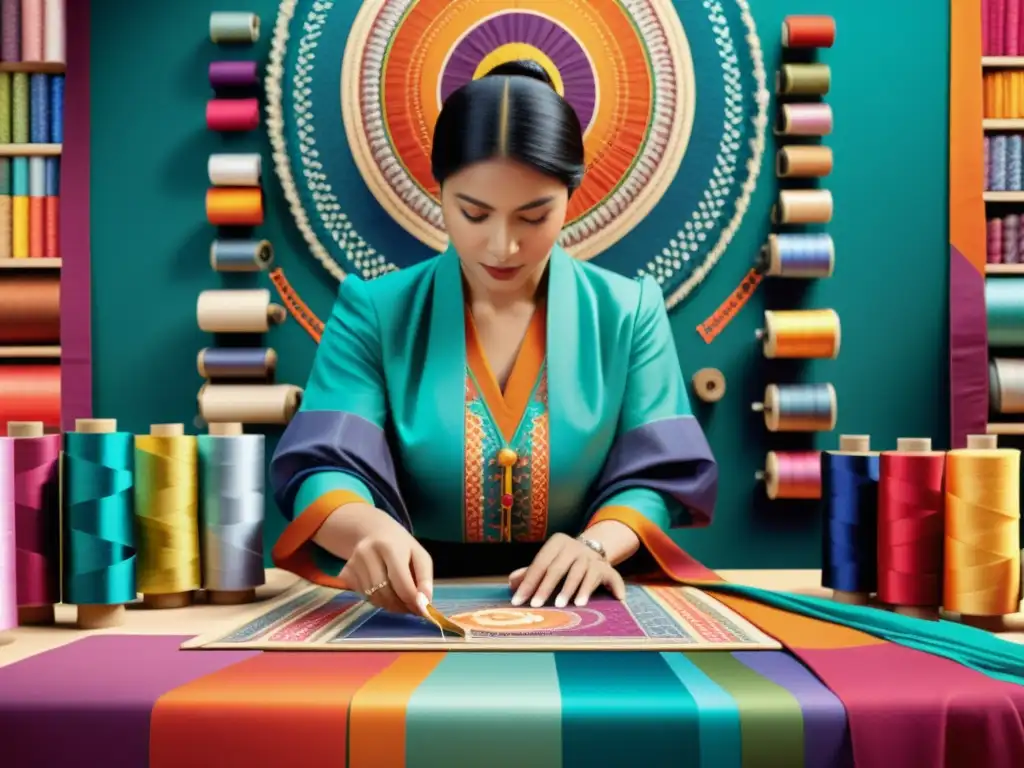 Artista textil con realidad aumentada fusionando diseño tradicional con innovación digital en una atmósfera creativa y colorida