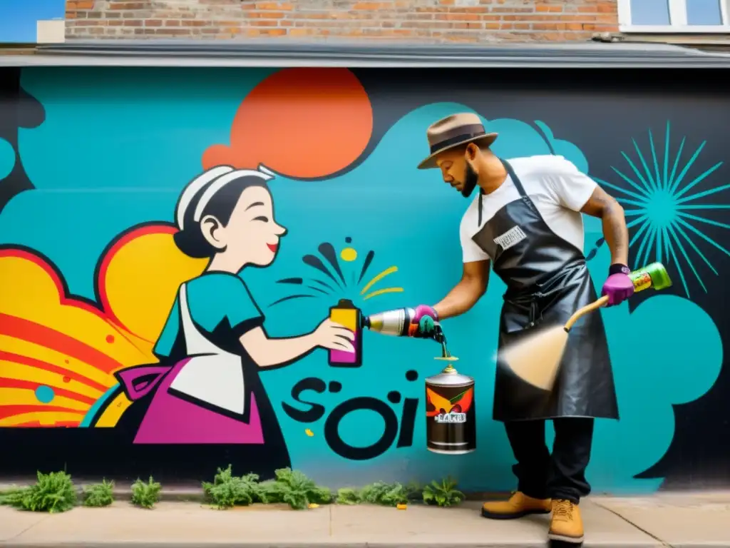 Un artista urbano con sombrero de fedora y delantal salpicado de pintura crea un mural vibrante en la pared de un edificio de la ciudad