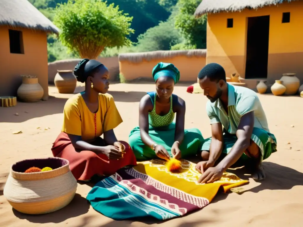 Artistas africanos creando patrones tradicionales con tintes y telas coloridas bajo la influencia africana en patrones artísticos