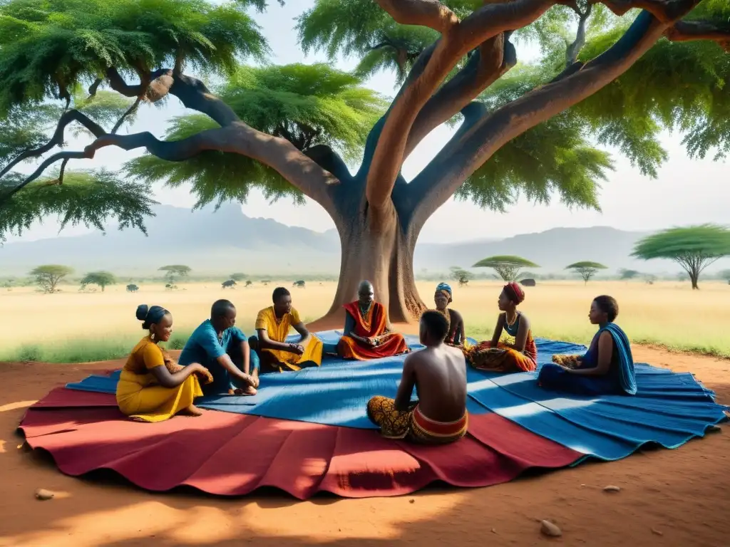 Artistas africanos teñiendo telas con tintes vegetales bajo un árbol