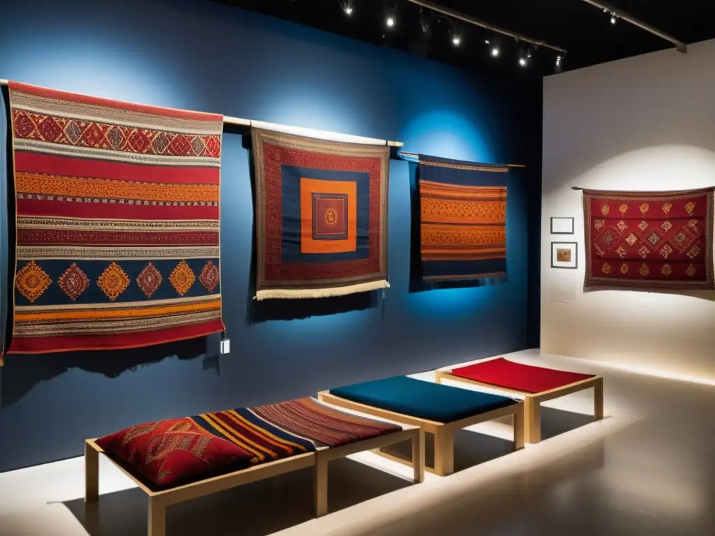 Exhibición de artistas arte textil contemporáneo en galería elegante y sofisticada con tapices vibrantes y diseño contemporáneo único