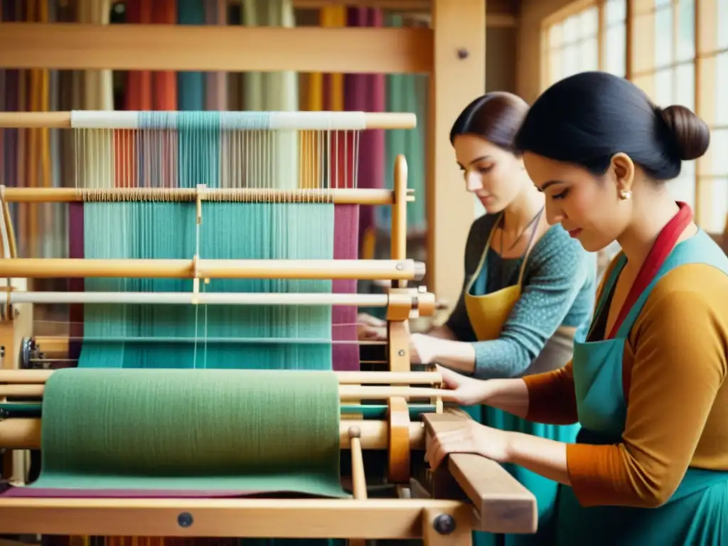 Artistas de arte textil contemporáneo tejiendo en un telar de madera, evocando tradición y creatividad bohemia