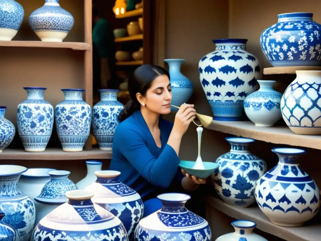 Artistas cerámicos persas pintando exquisitas vasijas en un bullicioso mercado, destacando la influencia cerámica persa en Asia