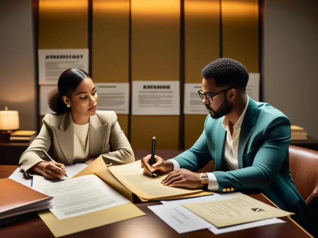 Dos artistas negocian un contrato de licencia en una atmósfera profesional y respetuosa, rodeados de papeleo vintage