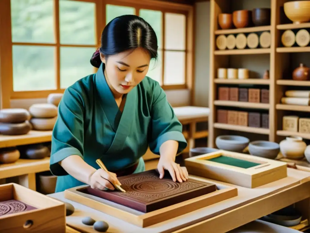 Artistas coreanos tallan patrones en bloques de madera en un taller tradicional, impregnado de la esencia de la impresión de patrones coreanos en talleres