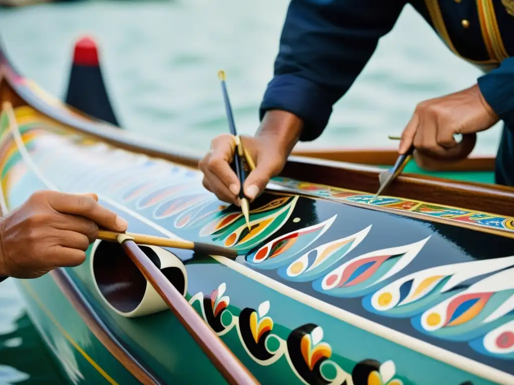 Artistas pintando diseños coloridos en barco veneciano en el Festival de Venecia, evocando tradición y arte en los botes del festival