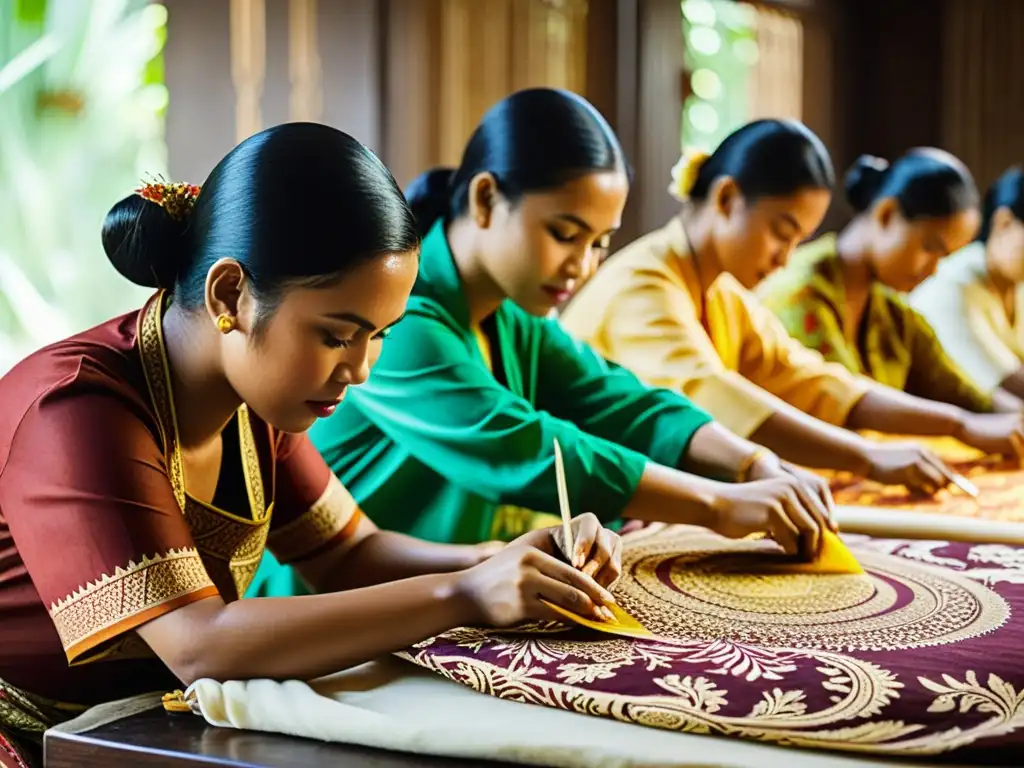 Artistas indonesios aplicando con destreza patrones artísticos tradicionales de Indonesia en tela, rodeados de colores vibrantes y luz natural cálida