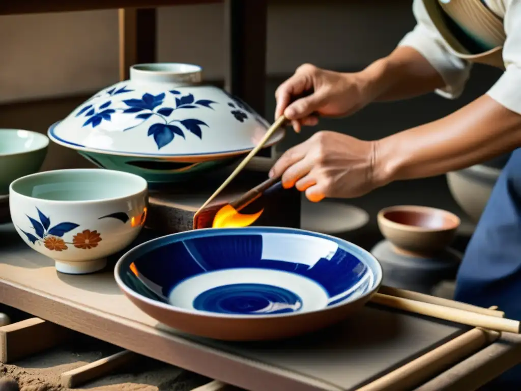 Artesanos japoneses pintando porcelana Kutani en horno tradicional Artistas japoneses pintando porcelana Kutani con cuidado en un horno tradicional, mostrando el significado cultural de la porcelana Kutani