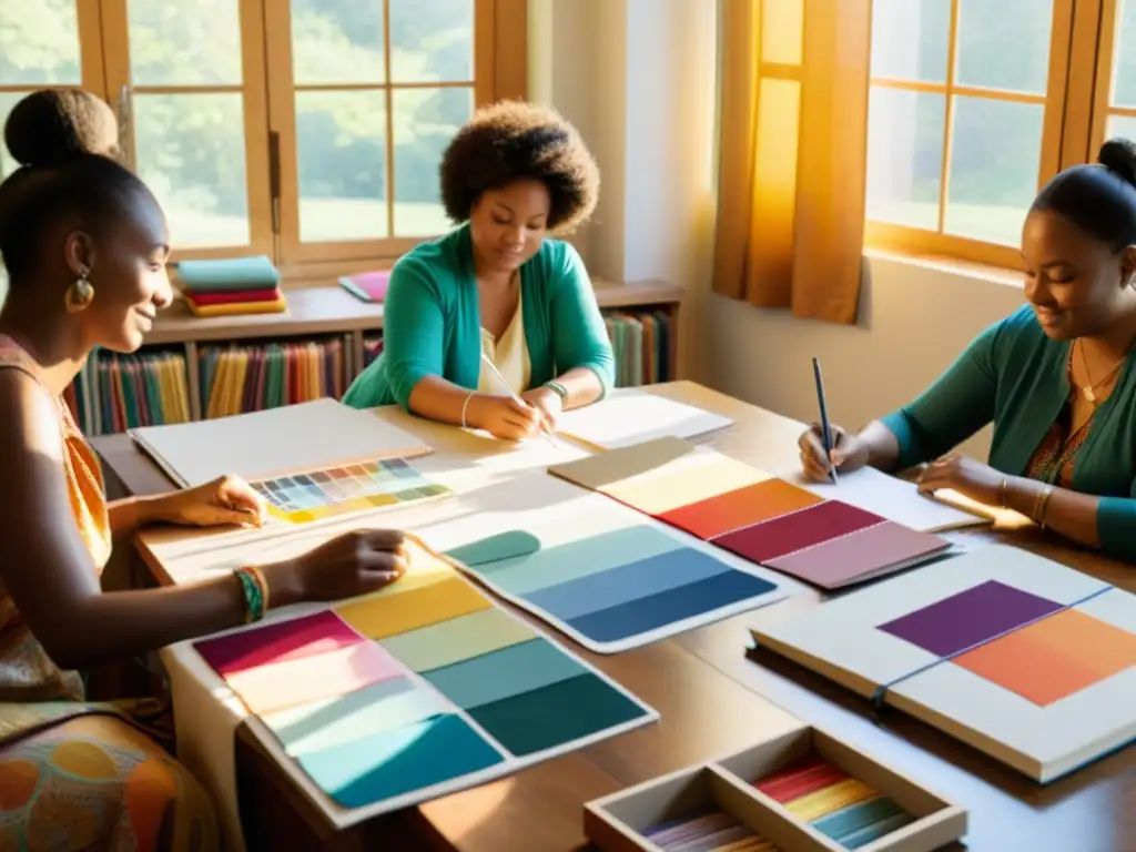 Artistas trabajando juntos en diseño de patrones contemporáneos étnicos en un espacio creativo y acogedor con telas, bordados y bocetos