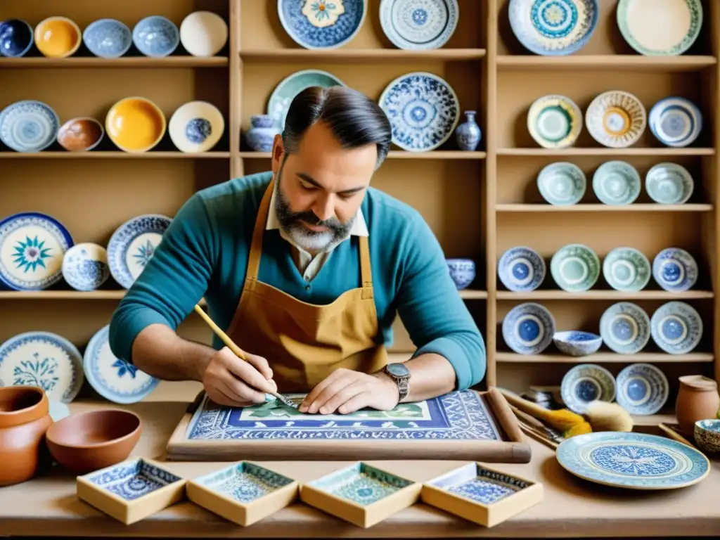 Artistas creando patrones artísticos en azulejos exclusivos en un taller lleno de color y tradición