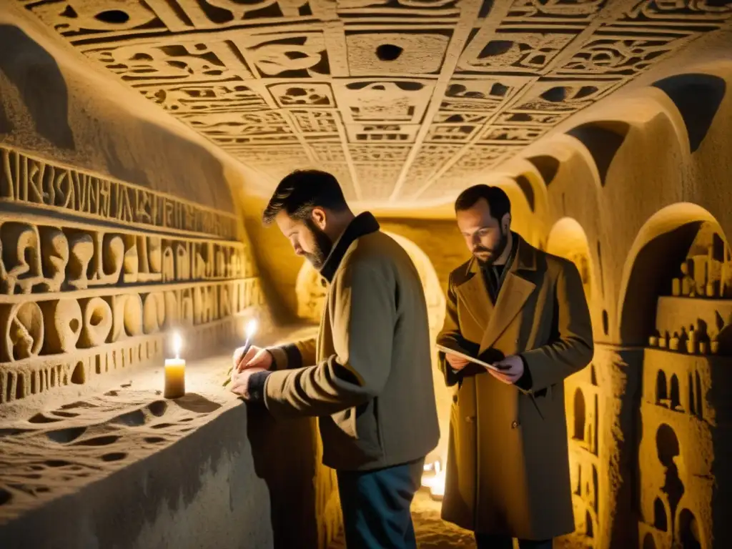 Artistas crean patrones artísticos en las catacumbas de París con luz de velas, evocando misterio y creatividad