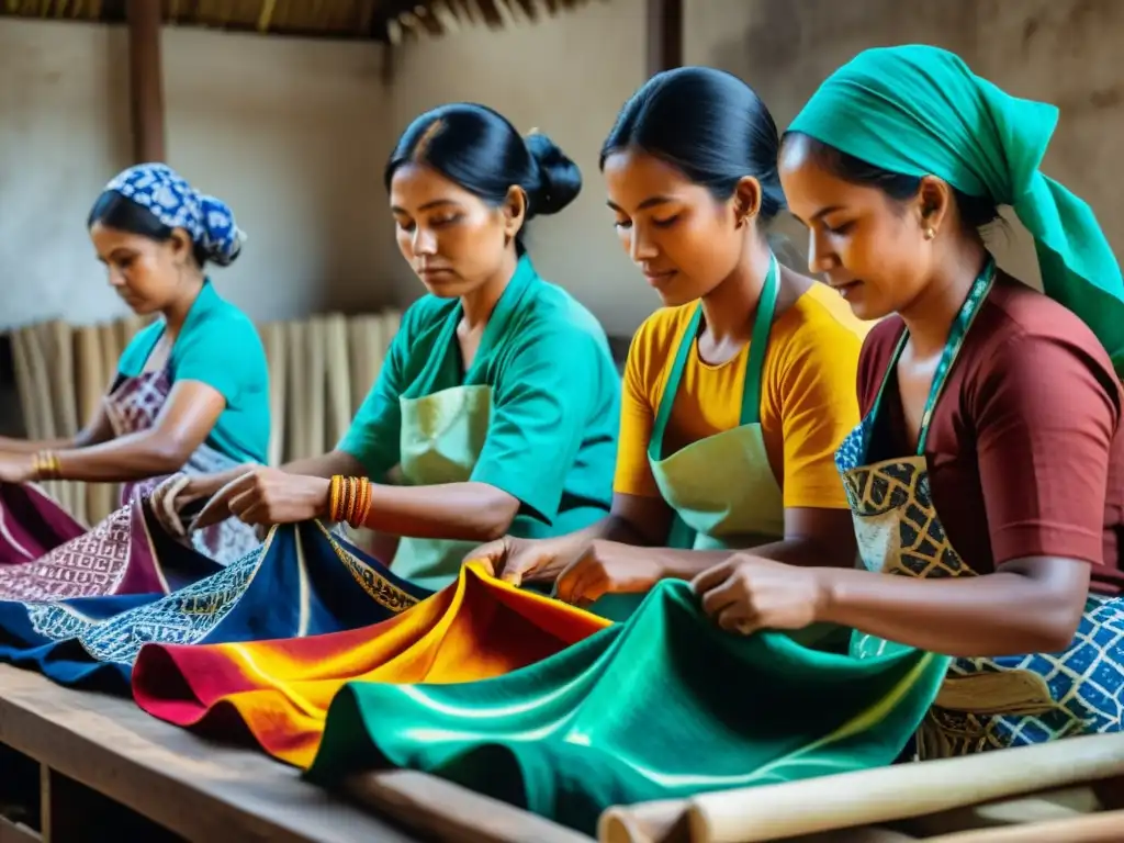 Artesanos creando batik con técnicas tradicionales Artistas creando patrones batik en mercado de arte, sumergidos en coloridas tintas y concentración meticulosa
