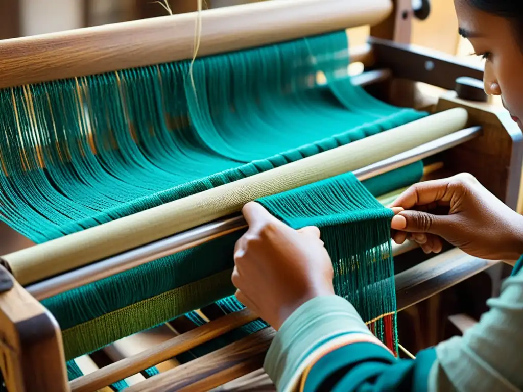 Artistas tejiendo patrones en telar de madera, mostrando la artesanía y significado cultural