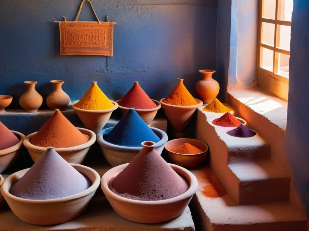 Artistas mezclando pigmentos naturales en un taller de Marruecos, lleno de colores vibrantes y luz cálida