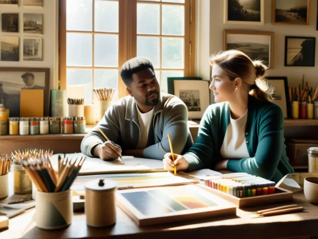 Dos artistas conversan animadamente rodeados de material artístico variado y obras coloridas