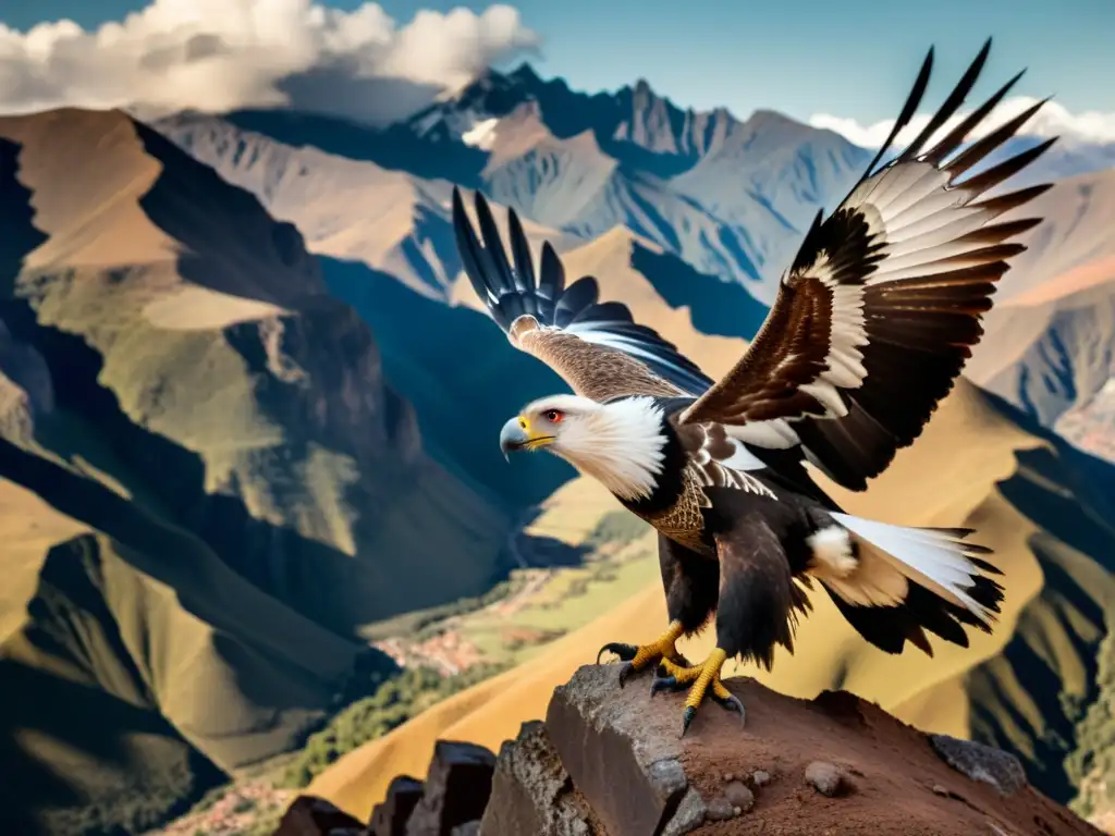 Una representación artística de la mitología andina: un majestuoso cóndor sobrevolando las montañas, con sus alas extendidas y su mirada poderosa