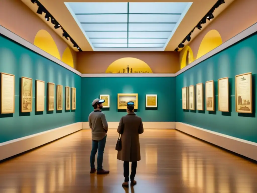 Interpretación artística mediante realidad aumentada: Sala de exposiciones del museo con patrones históricos y arte en detalle sepia