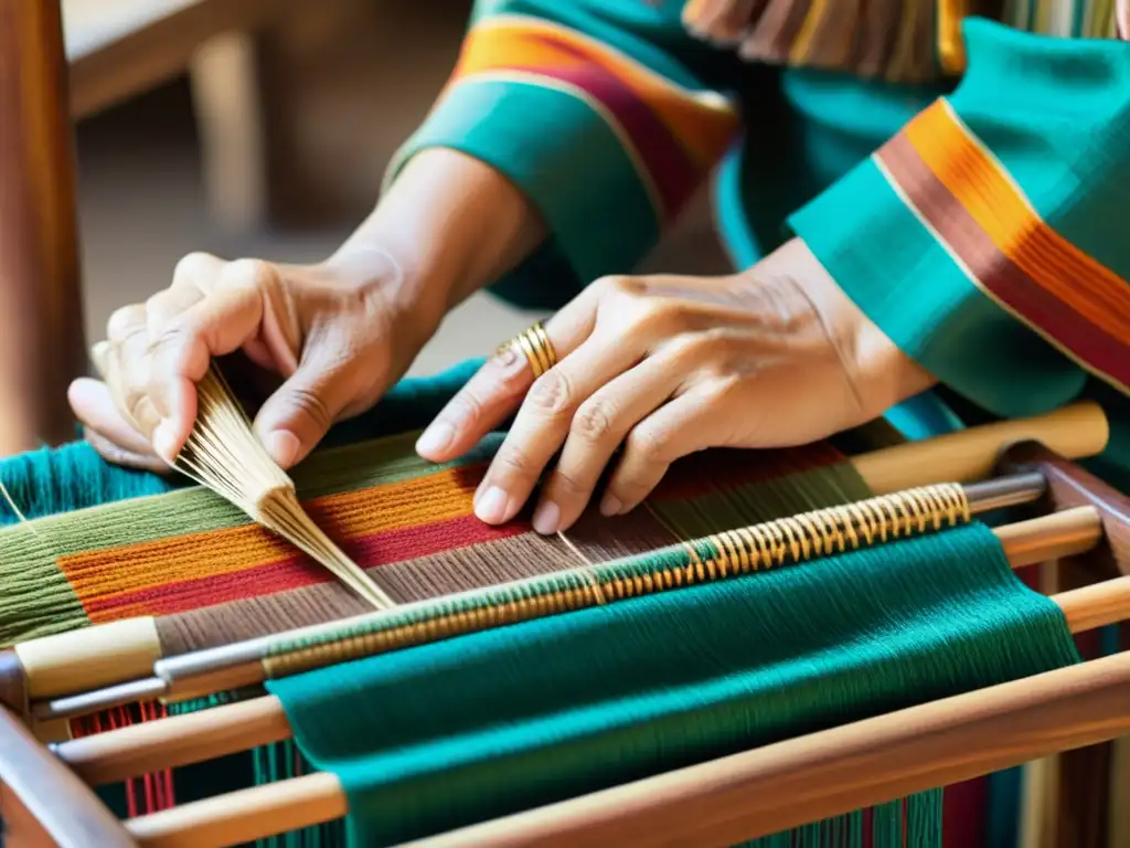 Las ásperas manos del hábil artesano tejen con destreza patrones vibrantes en un telar antiguo