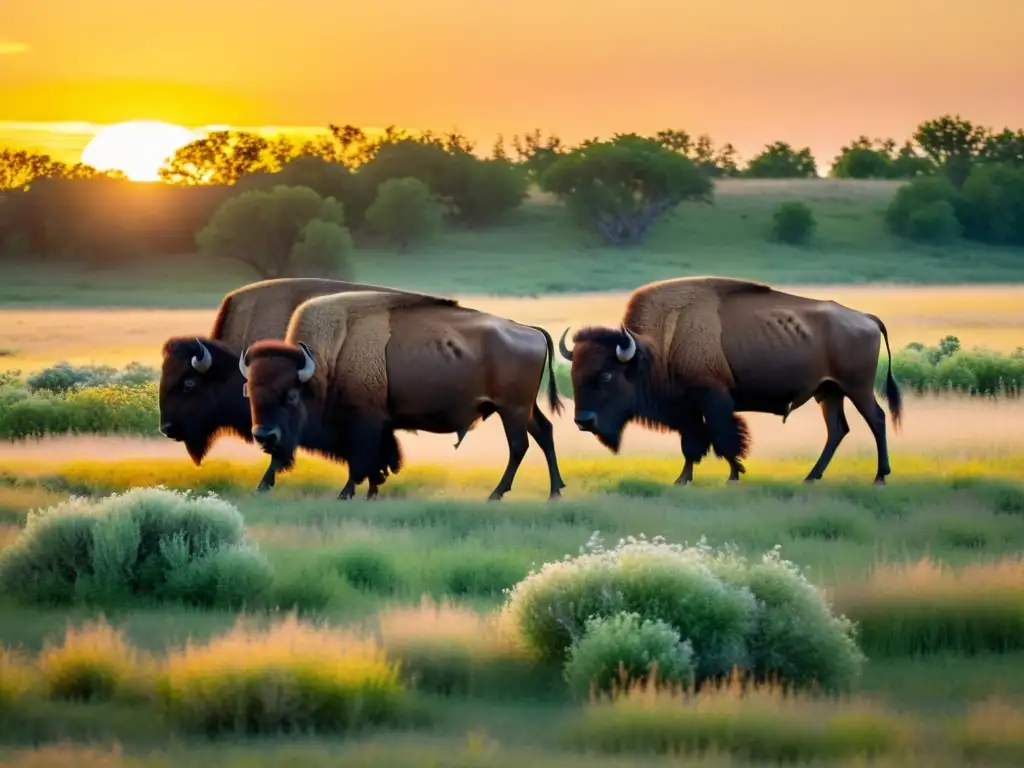 Manada de bisontes en pradera al atardecer Un atardecer dorado ilumina la pradera donde una manada de bisontes pasta en armonía con su ecosistema