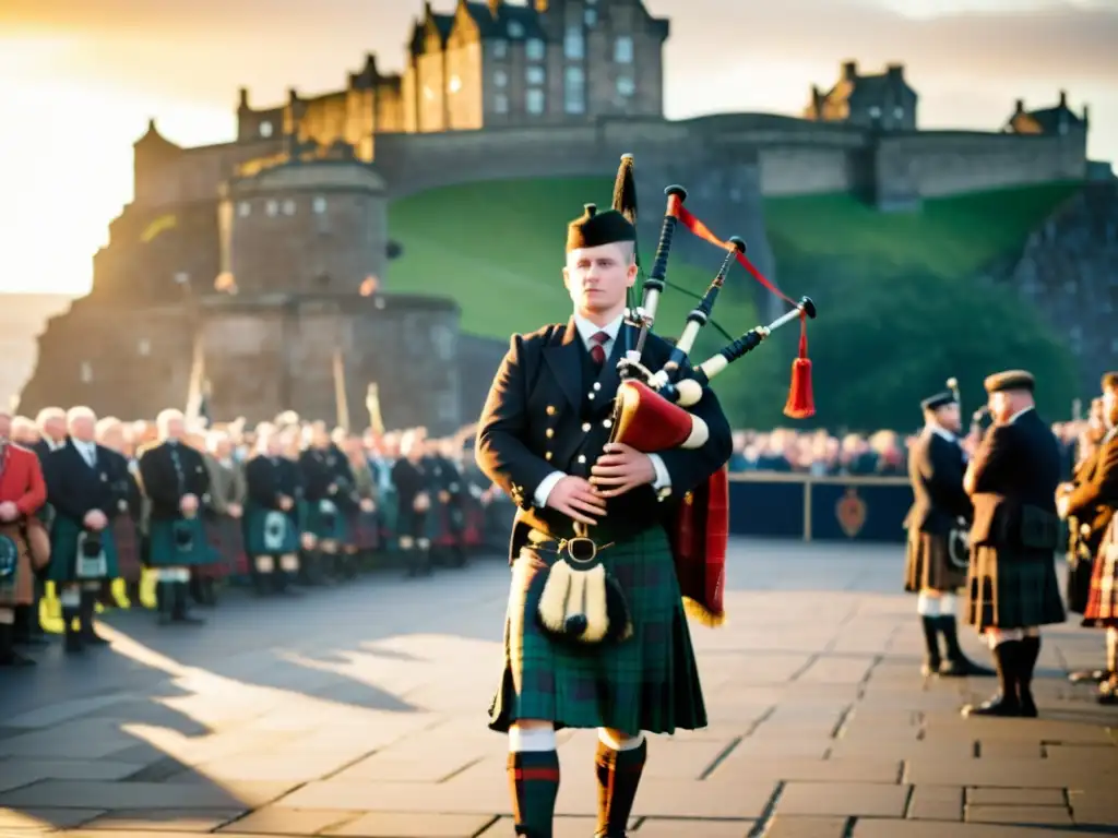 Un atardecer nostálgico en Edimburgo, con un gaitero escocés rodeado de gente, celebrando la tradición del Tartán Escocés Festival