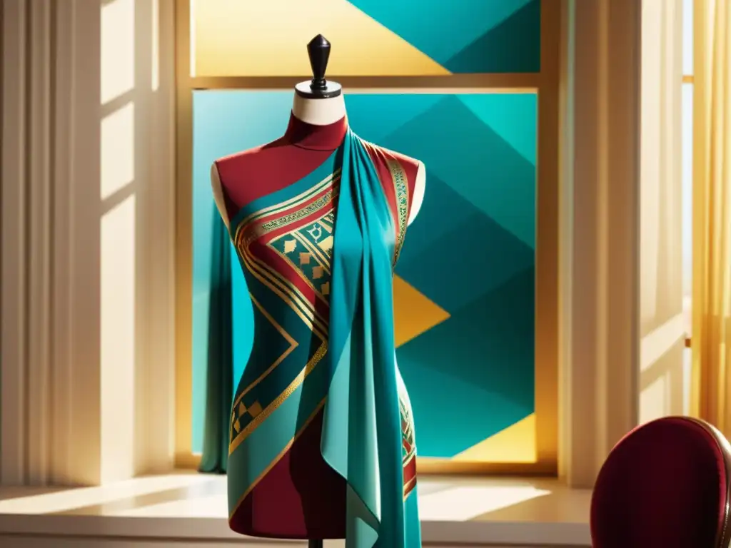 Un atelier bañado por la luz del sol muestra un maniquí envuelto en un vibrante y elaborado patrón de tela, evocando opulencia y creatividad