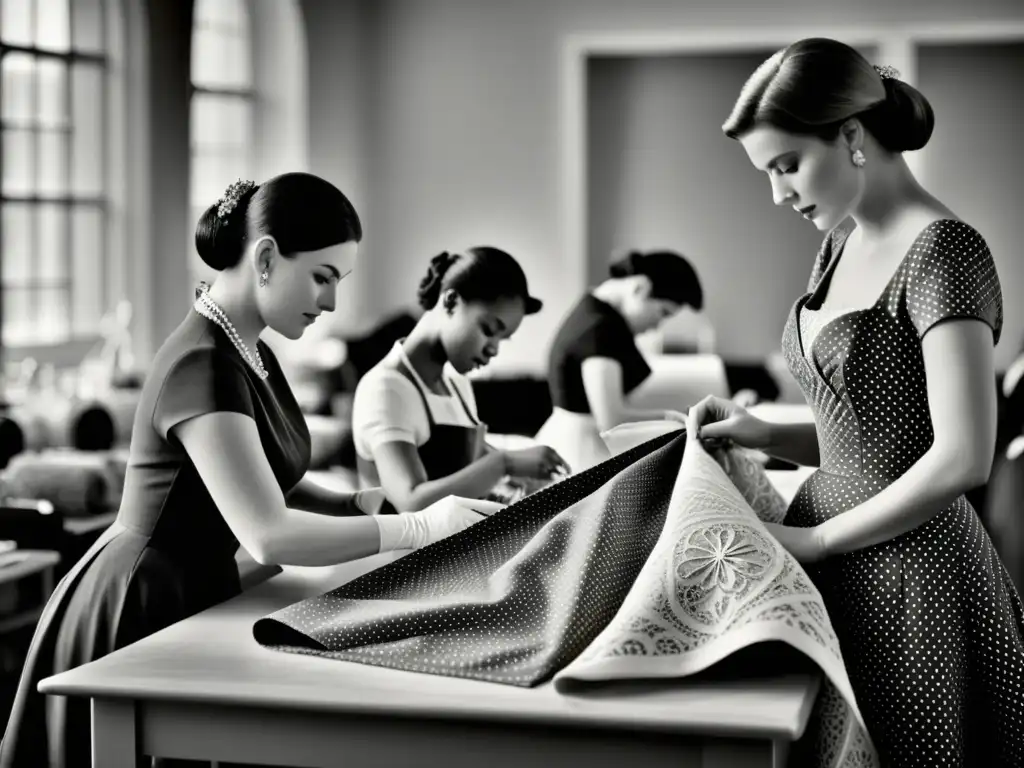 Un atelier lujoso en blanco y negro donde hábiles costureras confeccionan meticulosamente un vestido de alta costura