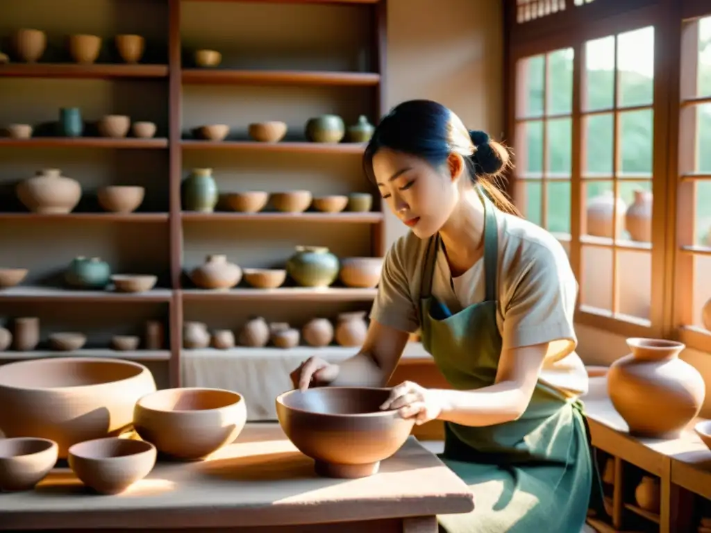 Una atmósfera serena llena de tradición en un taller de cerámica asiático