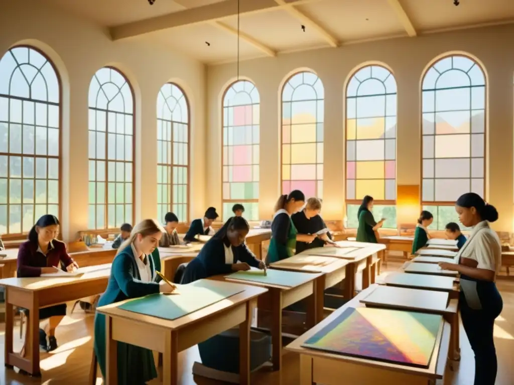 Un aula de arte vintage llena de estudiantes creando patrones en lienzo