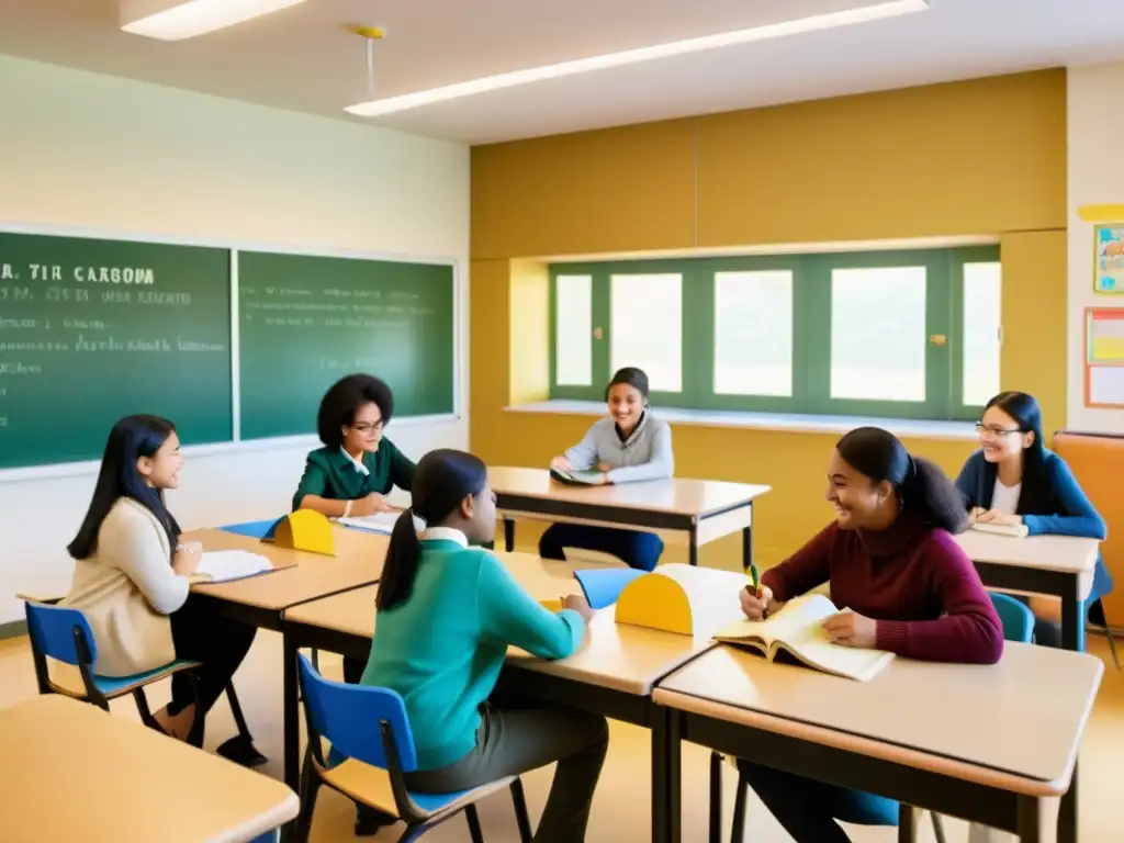 Una aula vintage con estudiantes de diferentes culturas participando en actividades educativas, como intercambio de idiomas y arte