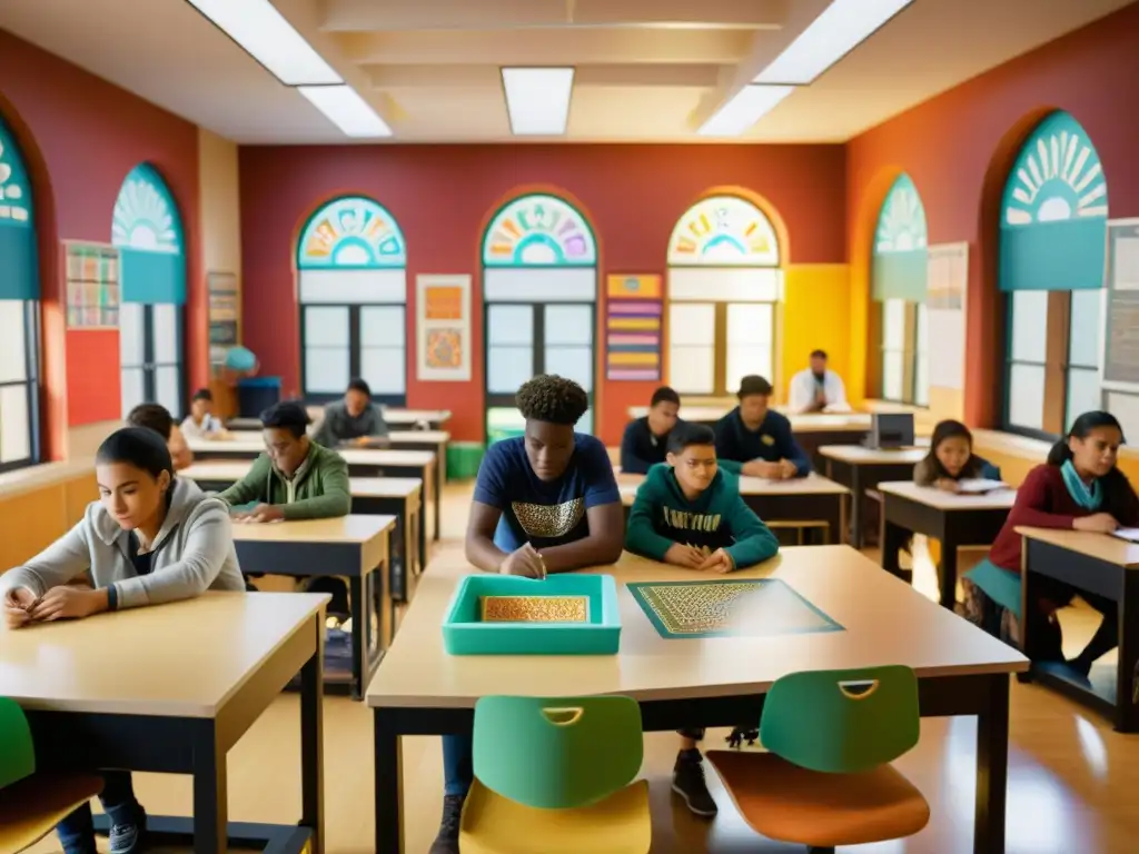 Un aula vintage llena de estudiantes usando impresoras 3D para crear patrones culturales